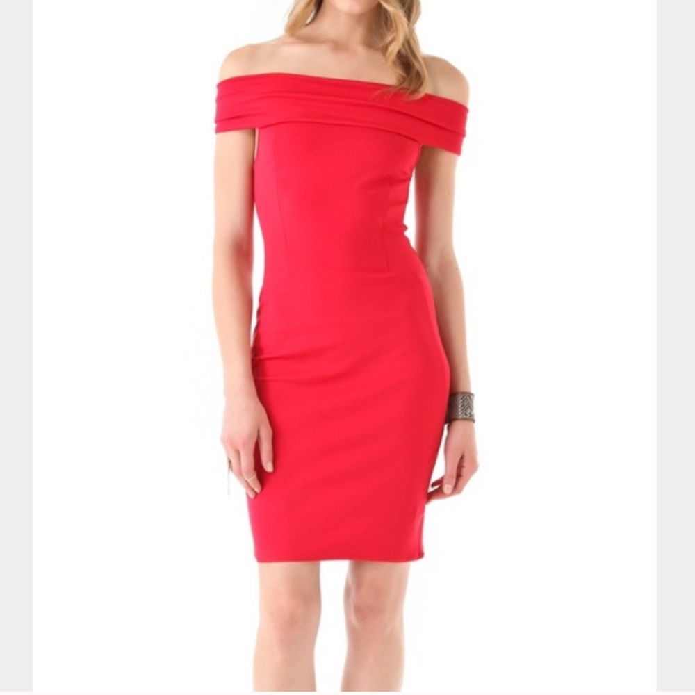 Halston Heritage off the shoulder red dress